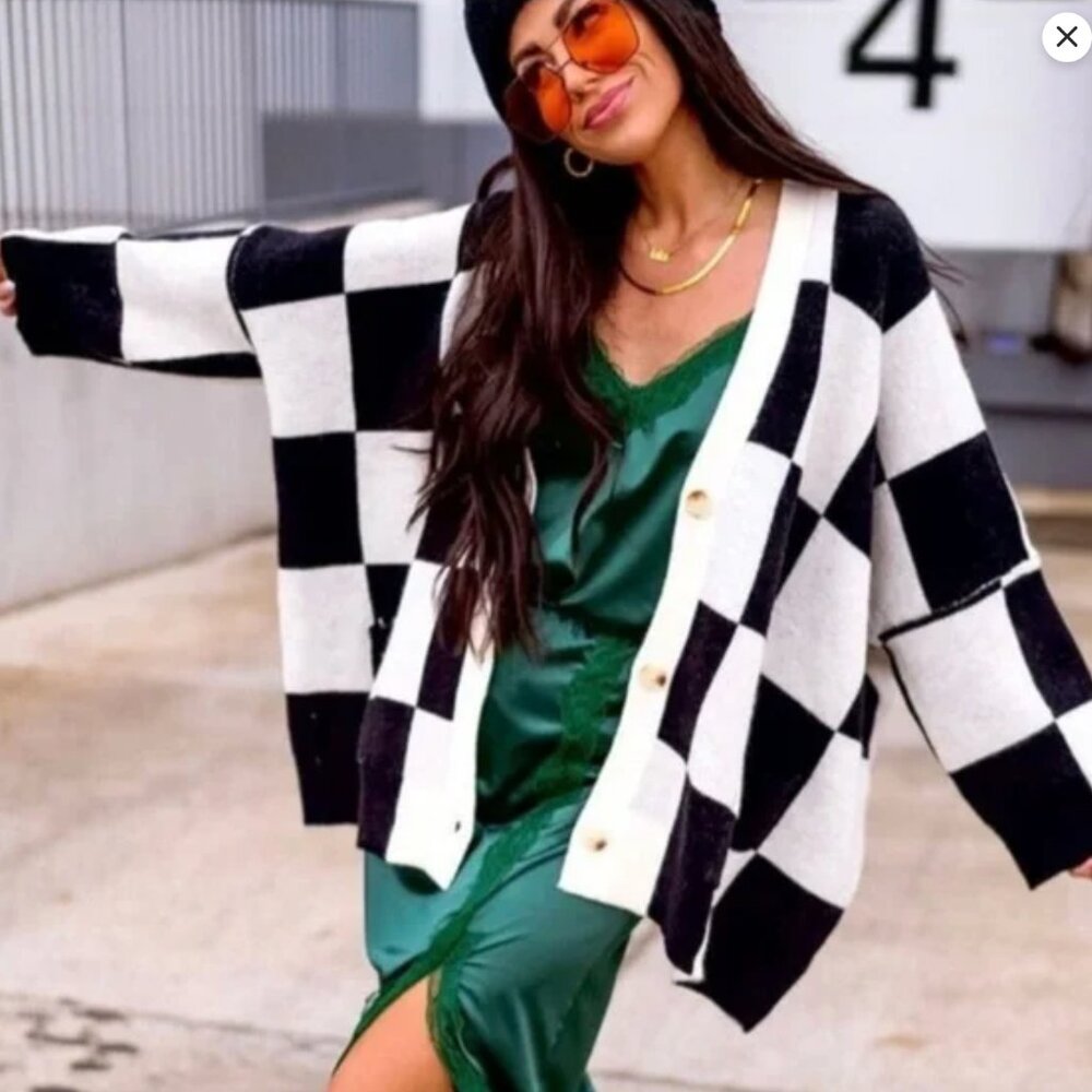 Dressed in Lala black and white checkered cardigan L XL